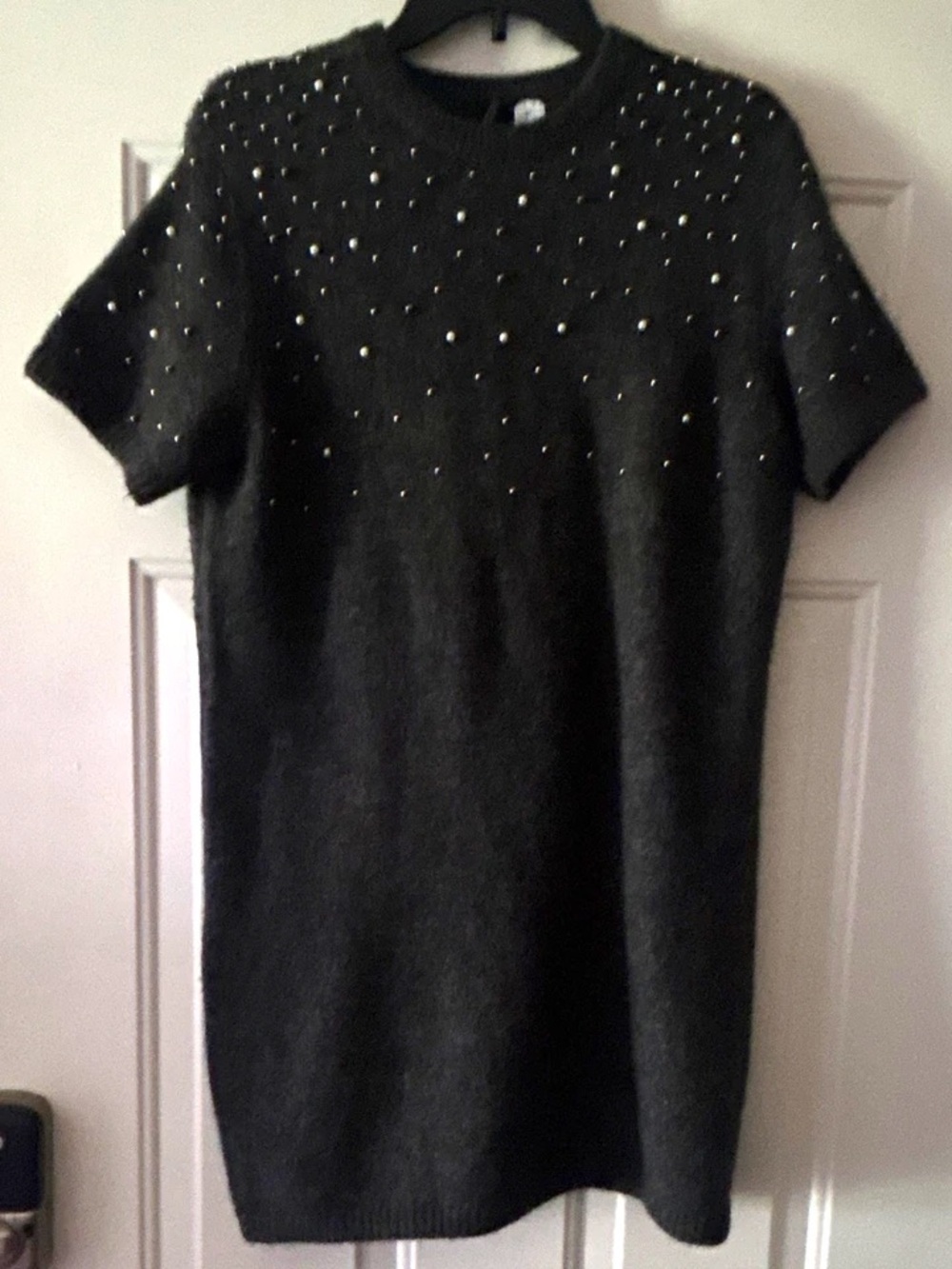 H&M Black Short-Sleeve Beaded Knit Mini Dress